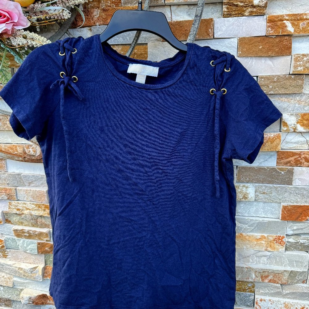 MICHAEL KORS Navy Lace Up Shoulder Short Sleeve Tee